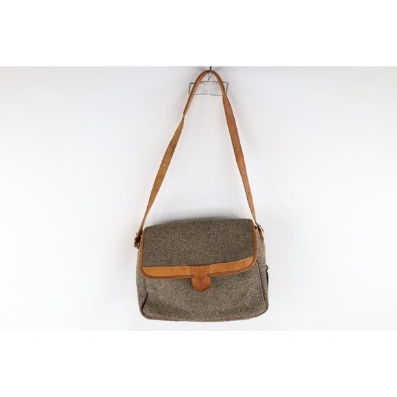 Vintage 70s 80s Streetwear Distressed Wool Tweed Leather Messenger Bag Briefcase - Picture 1 of 11